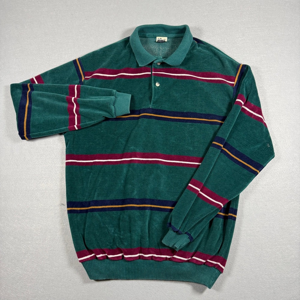 Vintage Kline's Rugby Polo Shirt Mens L Green Long Sleeve Striped Made in USA